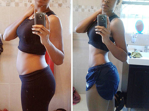 Before and after selfies of a young woman tracking her progress